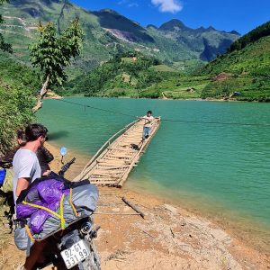 Bamboo Ferry and 2 bikes, while motorbiking in Vietnam