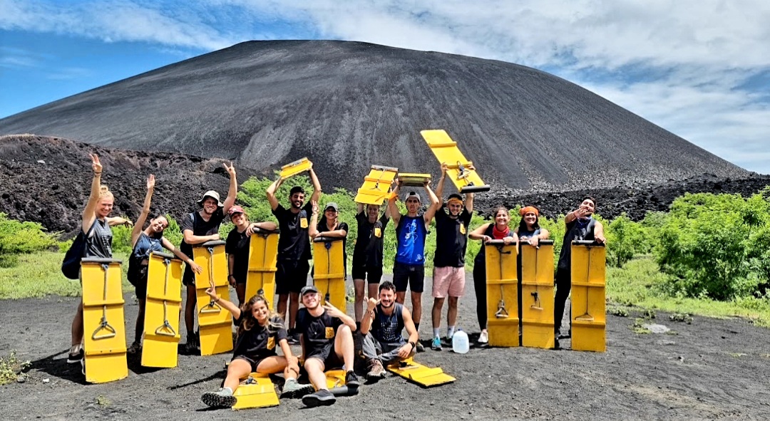 A group of people ready to go volcano boarding in Nicaragua